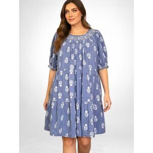 Old Navy Puff-Sleeve Smocked Embroidered Tiered Mini Swing Dress, NWT! 3X